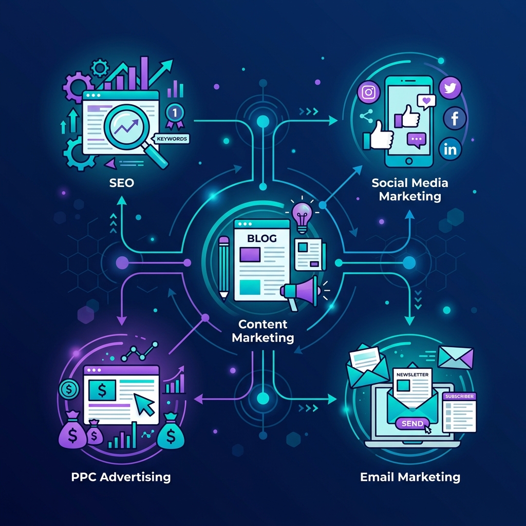 Digital marketing services including SEO, PPC, social media and email marketing